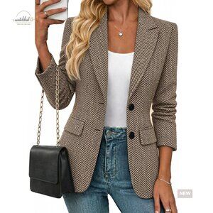Herringbone Tweed Blazer Fully Lined Notched Lapel Work Office Jacket